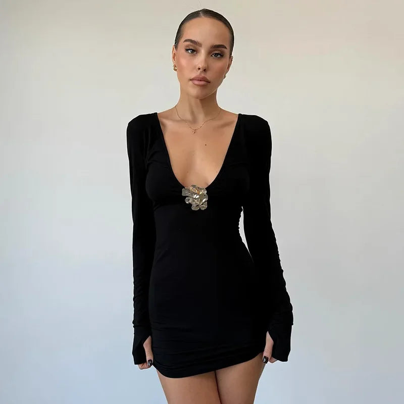 Plunge Slim Metallic Dress for Long Sleeve Mini Dress High Waist Autumn Club Party Dress