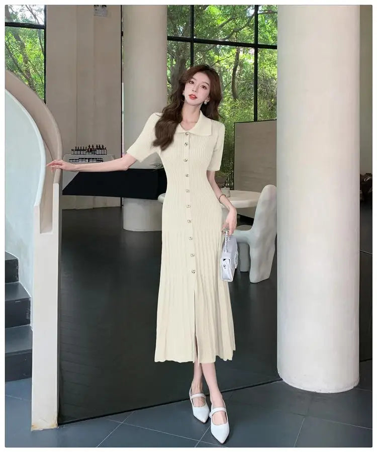 Black Beige Temperament Split Knit Dress Summer Single Breasted Robe Green Office Lady New Long Dress