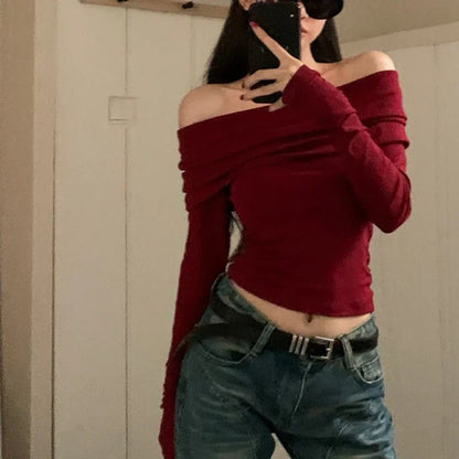 Off Shoulder T-shirts Long Sleeve Shirts Cropped Tops Clubwear Skew Collar Warm Pullovers