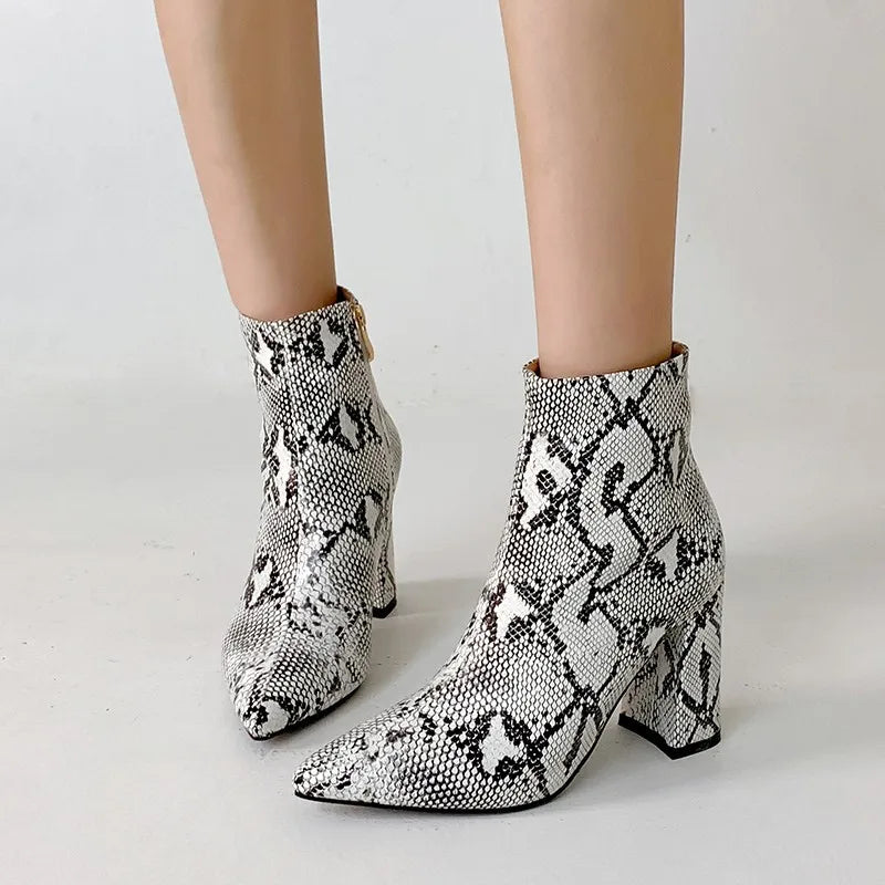 Snake Print Pu Leather Ankle Boots Zip Pointed Toe Footwear Block High Heels Female Boot Winter Party Shoes New 43