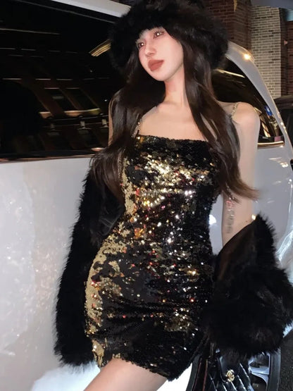 Mini Dress Autumn Winter Trend Sequins Spaghetti Strap Dresses Slim Hot Girl Evening Party Clothing