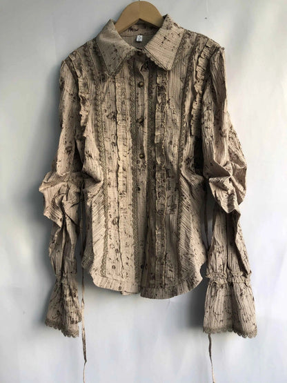 Lapel Neck Lace Shirts Autumn New Slim Fit Ruffles Blouses Y2k Grunge Long Sleeve Blusas Mujer Dress