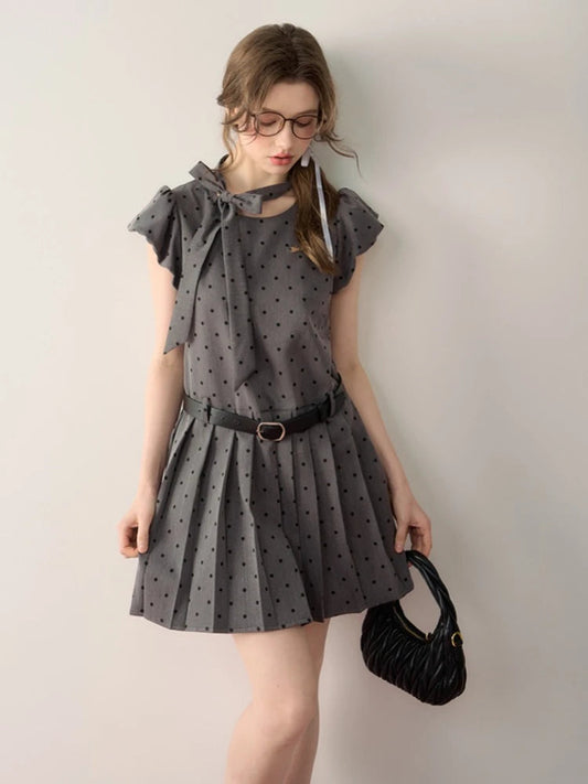 Kawaii Grey Dot Pleat Mini Dress for Bow Lace Up Puff Sleeve Birthday Dress Girl Summer Dress