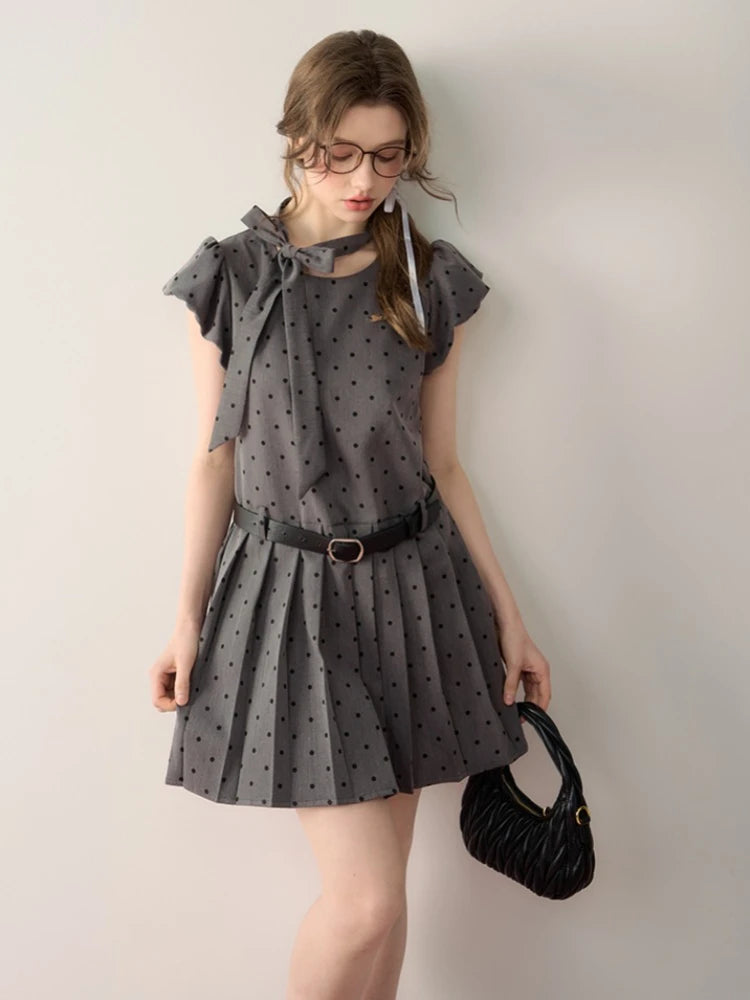 Kawaii Grey Dot Pleat Mini Dress for Bow Lace Up Puff Sleeve Birthday Dress Girl Summer Dress