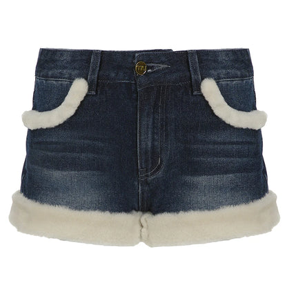 Kawaii Fluffy Trim Mini Jeans Gentle Sweet Style Pants All-match Blue Short Design