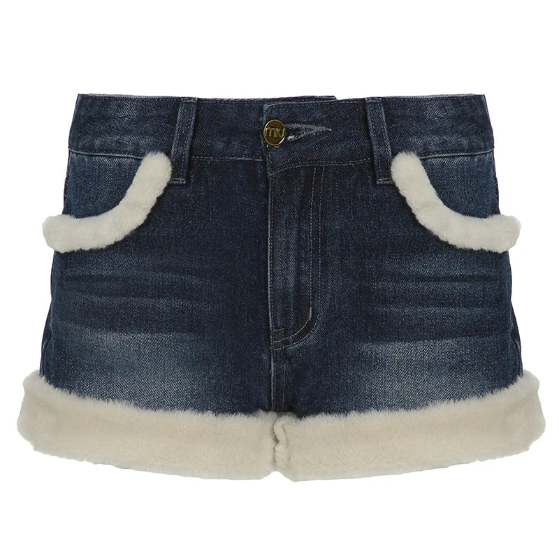 Kawaii Fluffy Trim Mini Jeans Gentle Sweet Style Pants All-match Blue Short Design