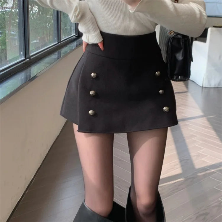 Short Skirts Shorts New High Waist Double Breasted Design Woolen Mini Skirt Versatile Faldas