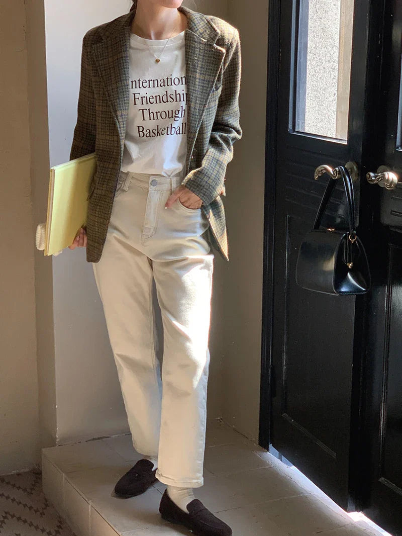 Wool Blends Coats Plaid Woolen Jacket Commute Blazer Korean Long Sleeve Outerwears Winter Overcoat