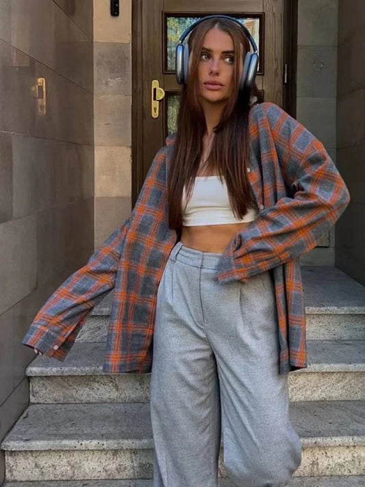 Summer Oversized Plaid Shirt Long Sleeve Loose Fit Blouse Autumn Female Office Shirt Tops for Woman