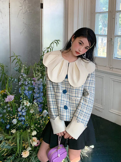 Spring New Petal Ruffled Collar Spliced Loose Tweed Coat Clothing Winter Coat High End Sweet Short Jackets Tops