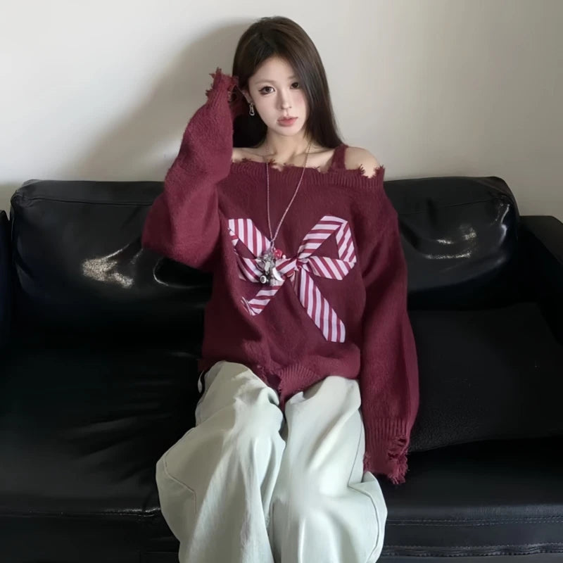 Slash Neck Sweater Harajuku Oversized Bow Knitted Pullovers Korean Off Shoulder Knitwear Aesthetic Long Sleeve Jumpers New