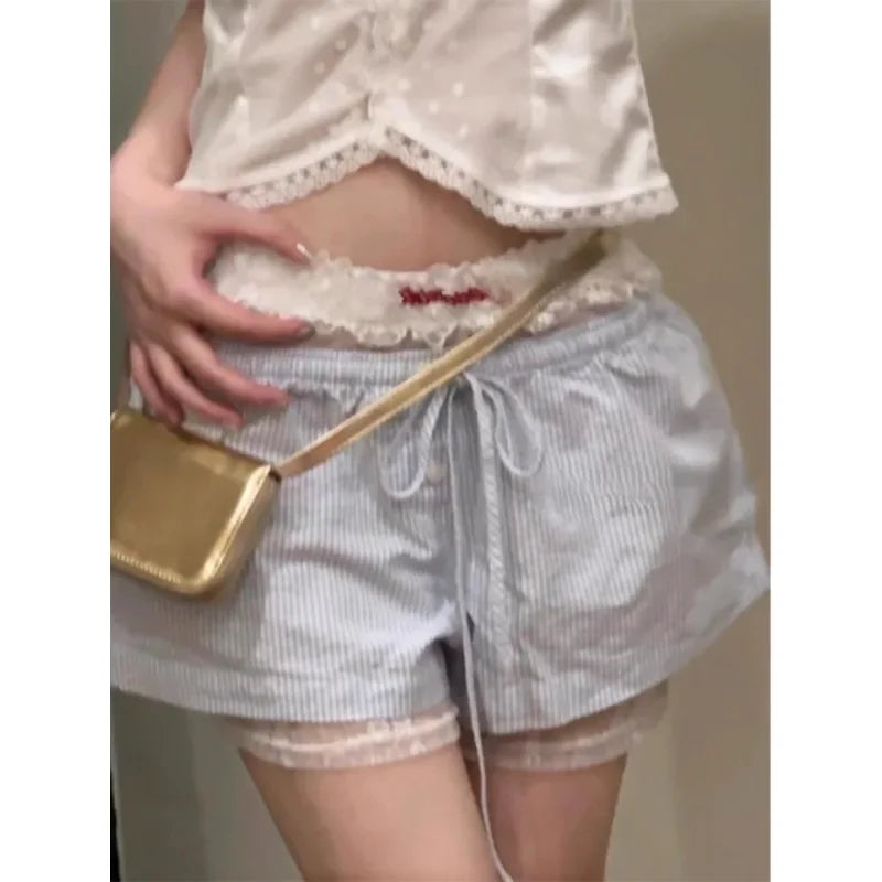 Summer New Letter Embroidery Seethrough White Lace Shorts + Laceup Striped Shorts Twopiece Suit