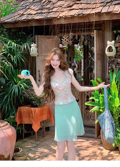 Suit Summer Lace Shortsleeved Tshirt High Waist Kneelength Skirt Twopiece Set Female Clothes