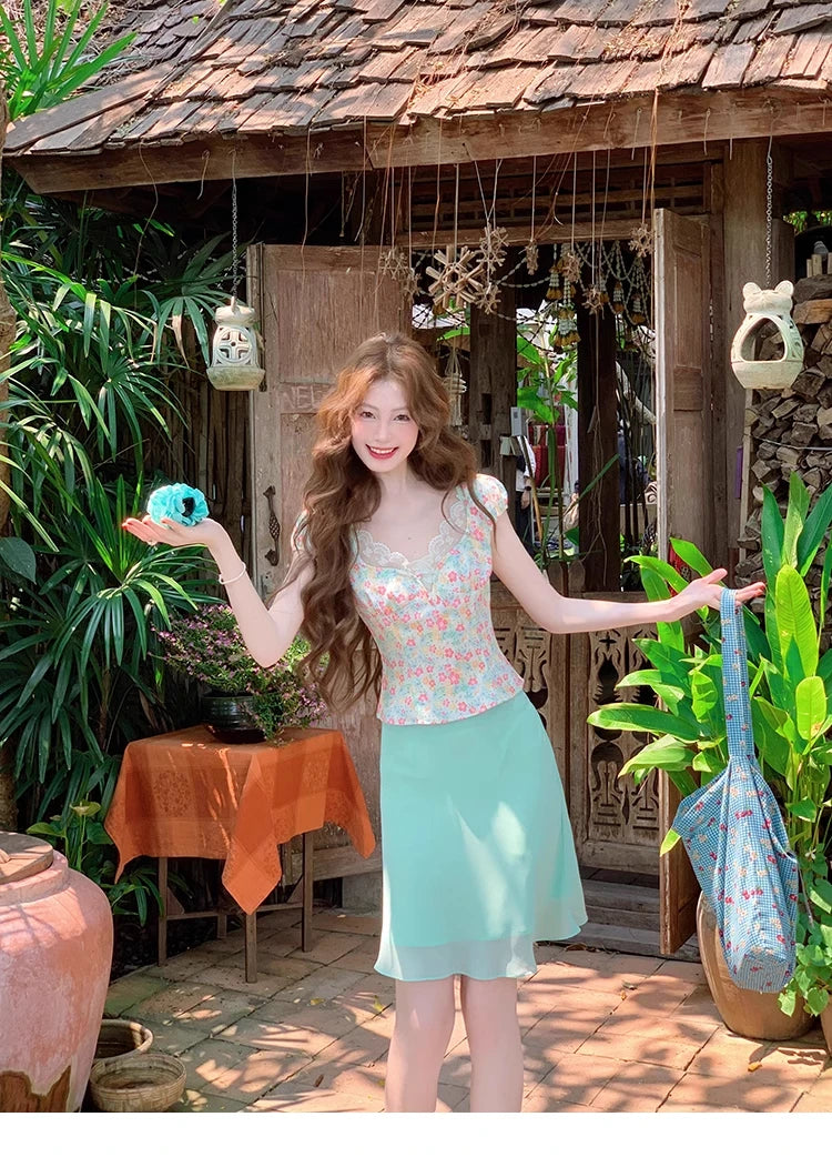Suit Summer Lace Shortsleeved Tshirt High Waist Kneelength Skirt Twopiece Set Female Clothes