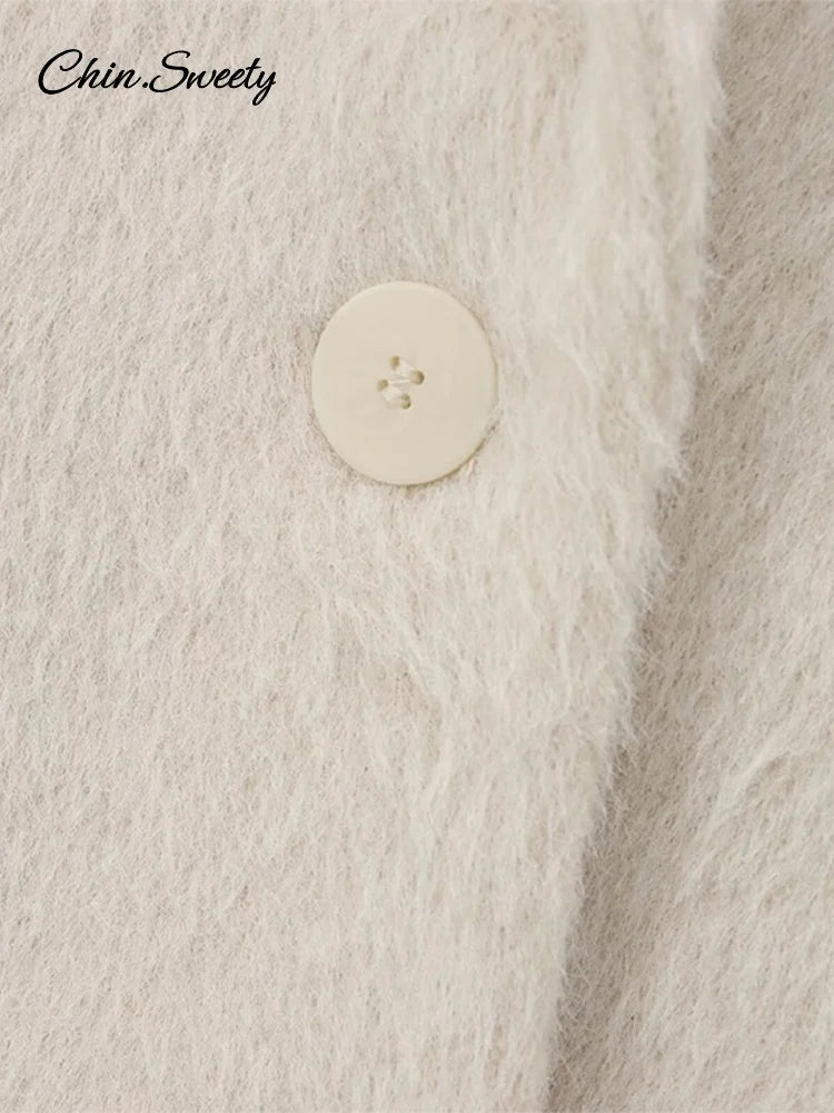 White Mohair Blazer Coat Loose Lapel Single-breasted Long Sleeve Thick Warm Jackets New Office Lady Street Outerwear