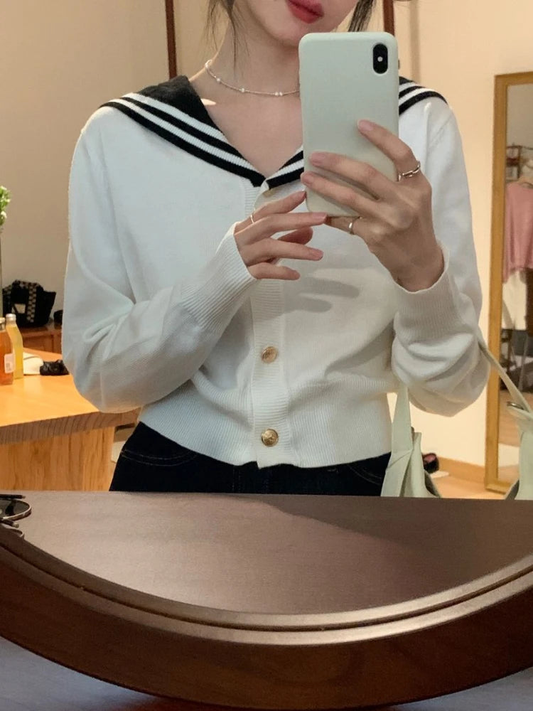 White Navy Collar Knitted Cardigan Age Reduction Clothing Autumn Thin Long Sleeve Sweater Korean Y2k Top