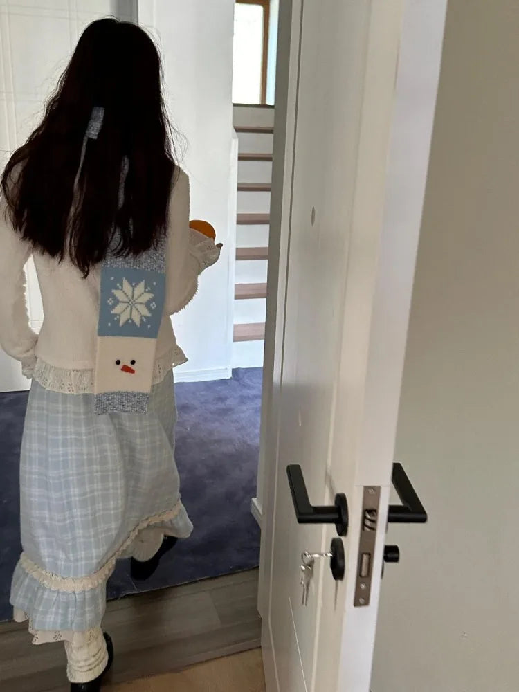 Autumn Winter Y2k Skirts Blue Plaid Woolen Plaid Lace Splicing Skirt High Waist Slimming a Word Long Skirt