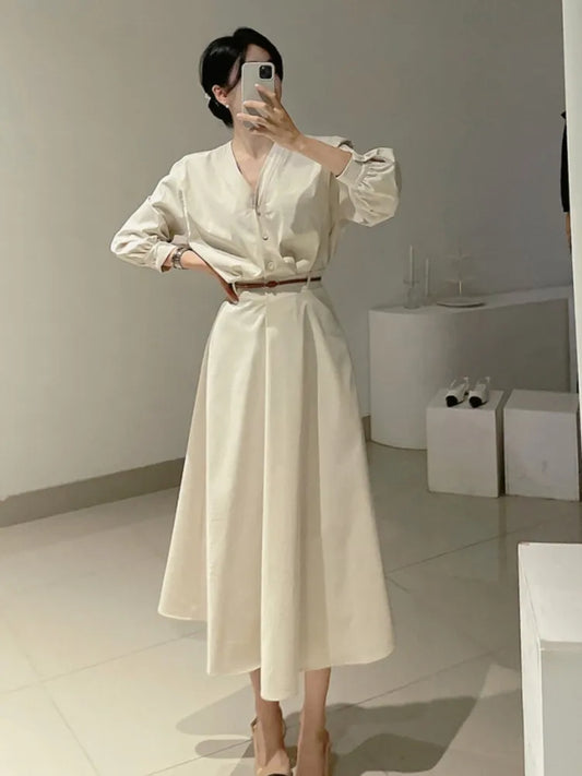 Korean V-neck Midi Dresses for With Belt Long Sleeve A-line Office Lady Autumn New Female Clothing