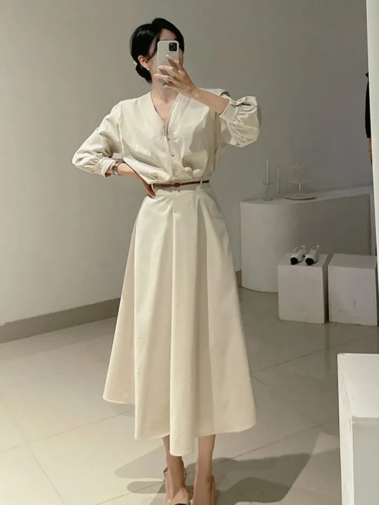 Korean V-neck Midi Dresses for With Belt Long Sleeve A-line Office Lady Autumn New Female Clothing
