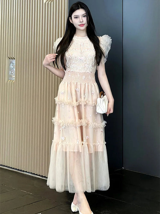 Temperament Flying Sleeve Embroidery Long Maxi Dress for Lace Splicing Mesh Party Dress
