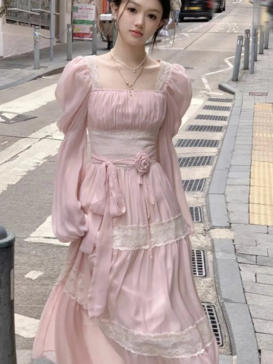 Summer Chiffon Midi Dress Lace Y2k Lolita Fairycore Puff Sleeve High Waist French Evening Party Dresses Prom Robe