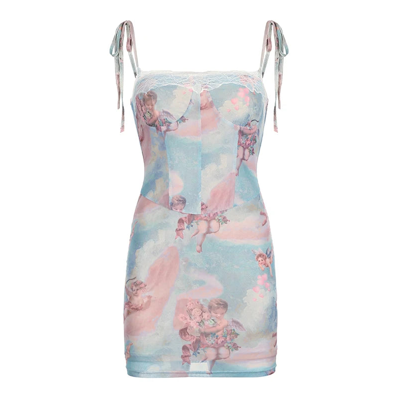 High Street Printed Sleeveless Mini Dress Y2k Contrast Lace Patchwork Bodycon Dresses Holiday Party Robe