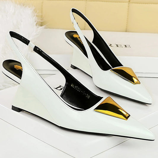 Patent Leather High Heels Wedges Shoes Lady Pumps Pointed Toe Hollow Back Strap 6.5 Cm Sandals White Heels Shoes