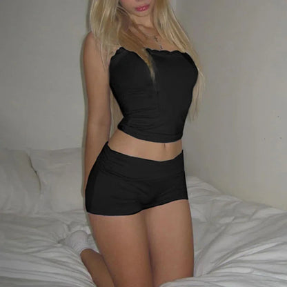 Shorts Set Basic 2 Piece Sets Lace Trim Sleeveless Camis Tops Lowwaisted Shorts Housewear