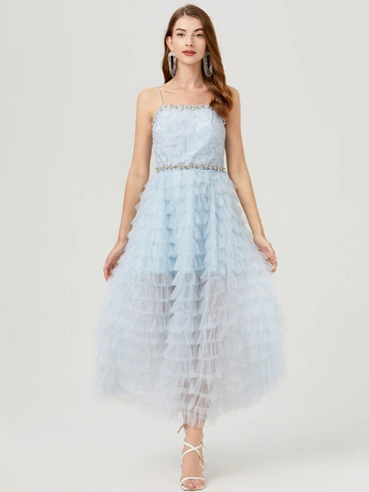 Pearls Sequins Diamonds Blue Mesh Cake Long Dress Spaghetti Straps Wedding Evening Party Bridesmaid Clothes