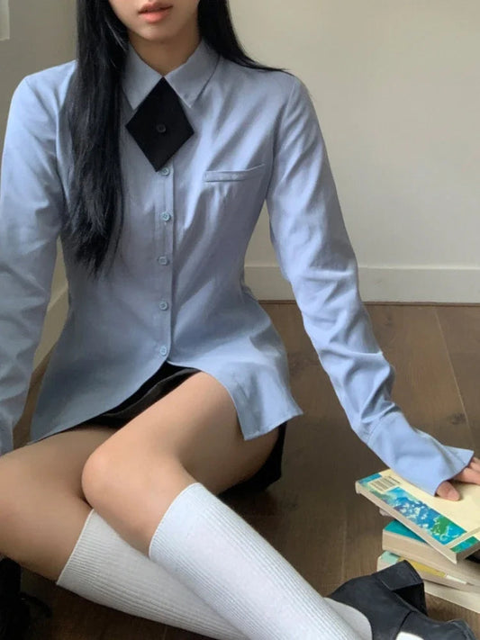Harajuku Blue Shirts for Slim Button Up Blouse With Tie Spring Summer Preppy Style Long Sleeve Uniform Clothes New