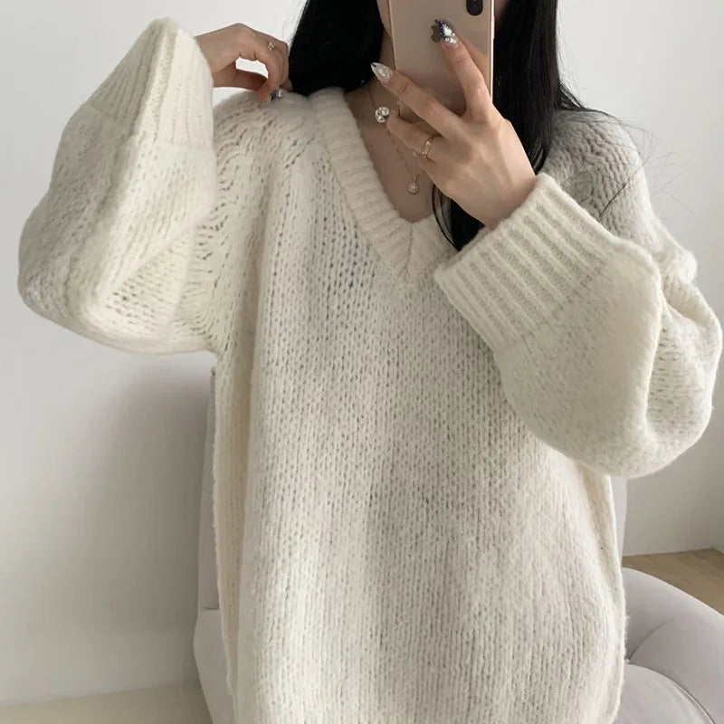 Autumn Winter Knitted Sweaters Korean Oversized Simple V Neck Pullover Harajuku Puff Sleeves Jumpers Fc8557