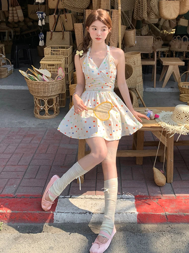 Summer New Sweet Kawaii Dots Mini Dress Retro Sleeveless One Piece Dress Japanese Style Even Party Dress