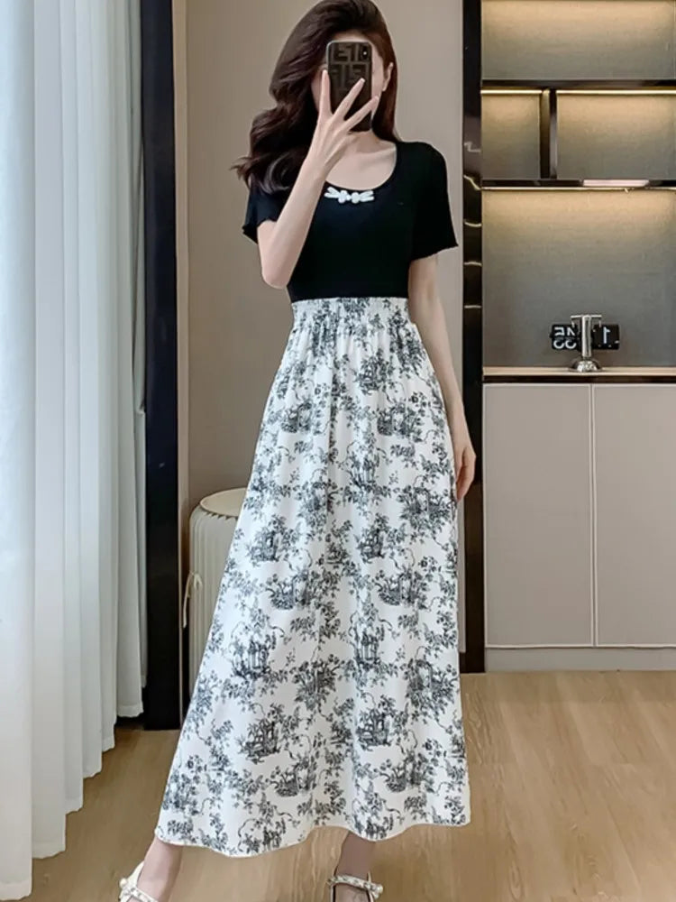 Dresses for Patchwork Aline Long Dress Print Chinese Style New Summer One Piece Vestidos