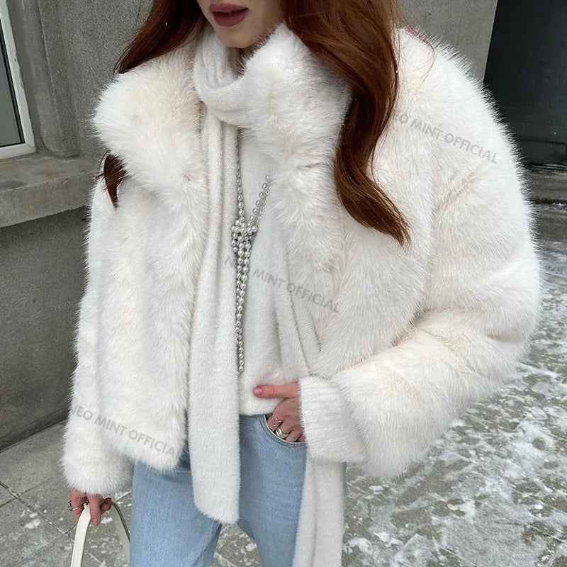 Winter Yellow Faux Fur Jacket Thicken Warm Stand Collar Fox Fur Coat Outerwear