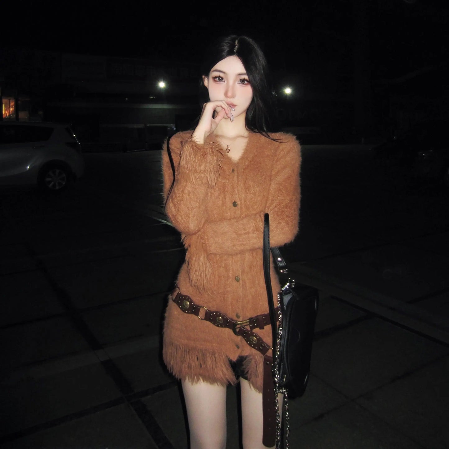 Retro Lazy Stylish Tassel Vneck Sweater Clothing Autumn/winter Loose Soft Furry Slim Camel Knitted Cardigan Tops