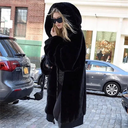 Winter Runaway Brand Long Faux Fur Coat Jacket Zip Hooded Thick Warm Fake Rabbit Fur Plush Overcoats