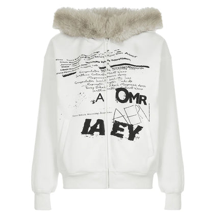 Y2k Letter Prints Hoodies Faux Collar Hooded S Autumn Winter Clothes Korean Style Coat