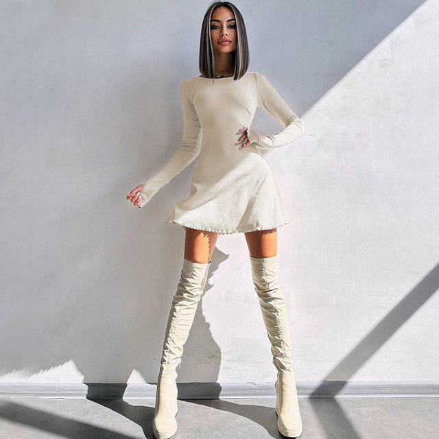 Ribbed Long Sleeve Mini Dress for Autumn Winter New O Neck Bandage Lace-up Dress Vestidos