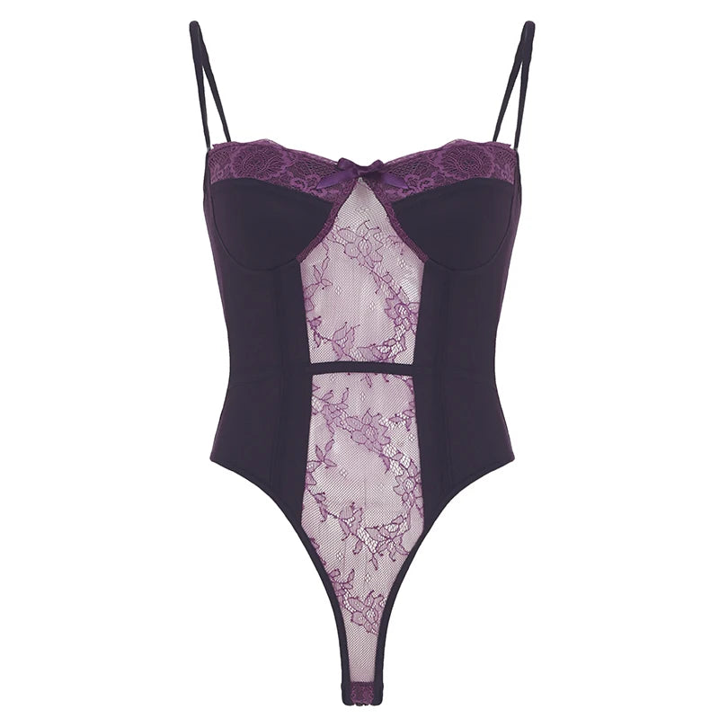 Lace Trim Bow Halter Rompers Hotsweet Patchwork Purple Bodysuit S New