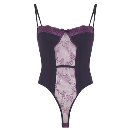 Lace Trim Bow Halter Rompers Hotsweet Patchwork Purple Bodysuit S New