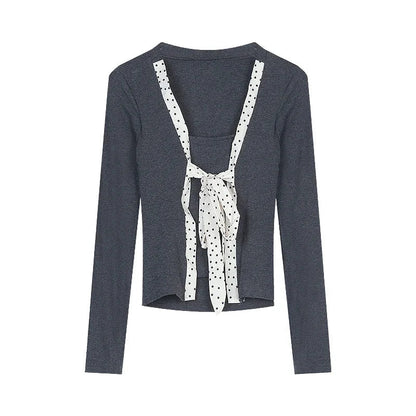 Spring New Korean Polka Dot Lace Up Longsleeved Tshirt + Contrast Color Patchwork Pants Twopiece Suit