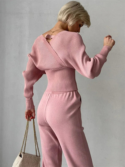 Knit Vneck Pullover 2 Pieceset for Patchwork Sweater and High Waist Drawstring Pants Sets Outfits