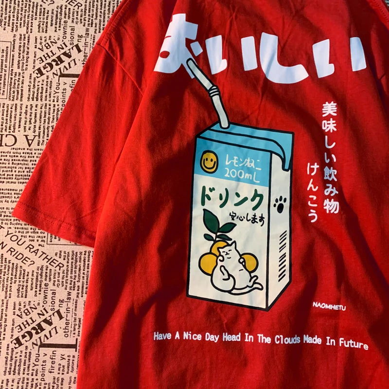 Japanese Cat Print Oversized T-shirt Short Sleeve Loose Tee Shirt Tops Cotton Harajuku Clothing