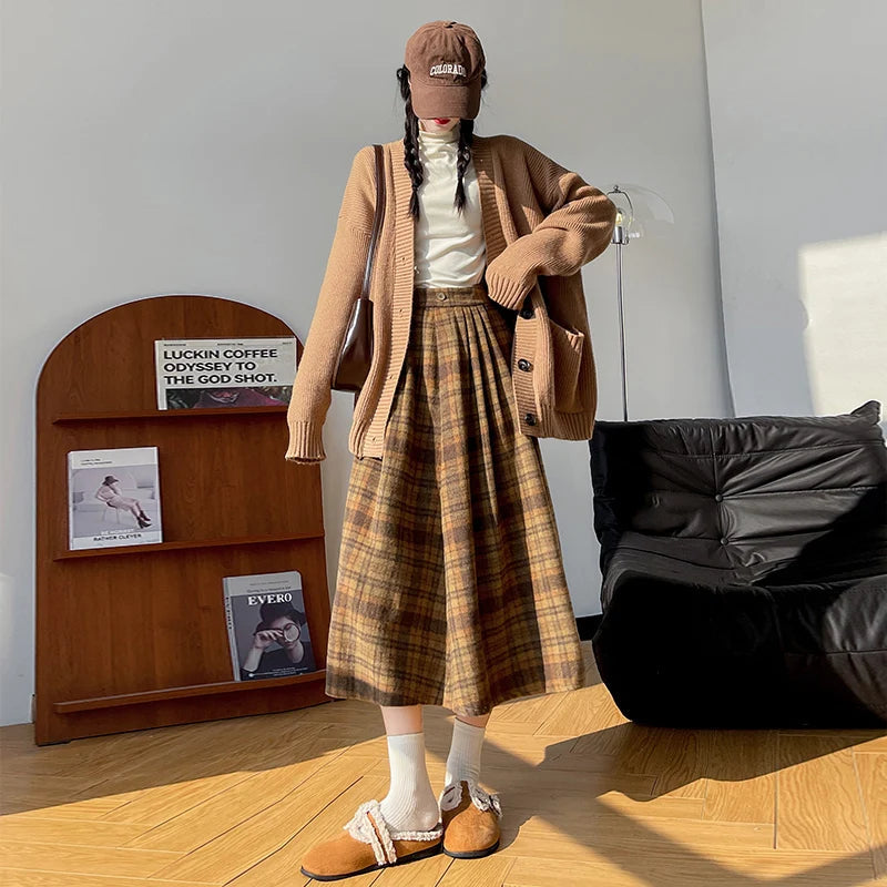 Autumn Winterthicken Warm Pockets Plaid Woolen Skirts for Female Loose High Waist Midi Skirt