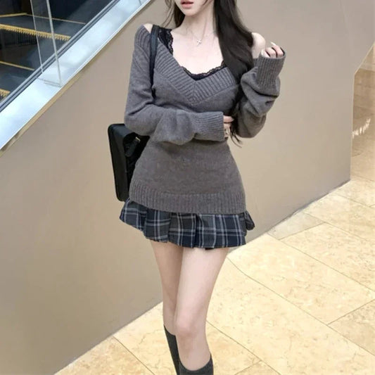 Autumn New Loose Longsleeved Sweater + Plaid Skirt + Lace Splicing Black Camisole Threepiece Suit