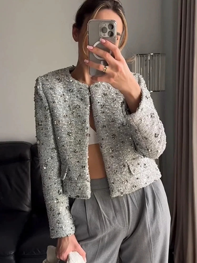 Spring Woman Silver Sequins Jacket Oneck Long Sleeves Cropped Coats Female Open Front Outerwear
