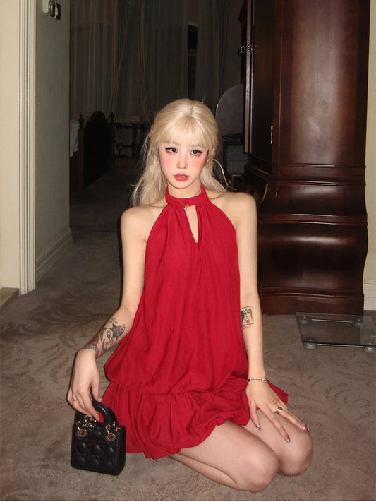Red Mini Dress Club Even Party Clothing Outwear Sleeveless French Y2k Dress Female Summer