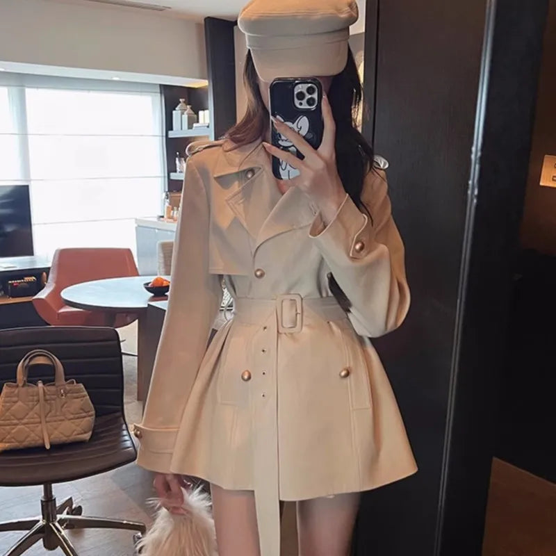 Lapel Blazer Coats Autumn New Double Breasted British Style Jacket With Belt Korean Outerwear