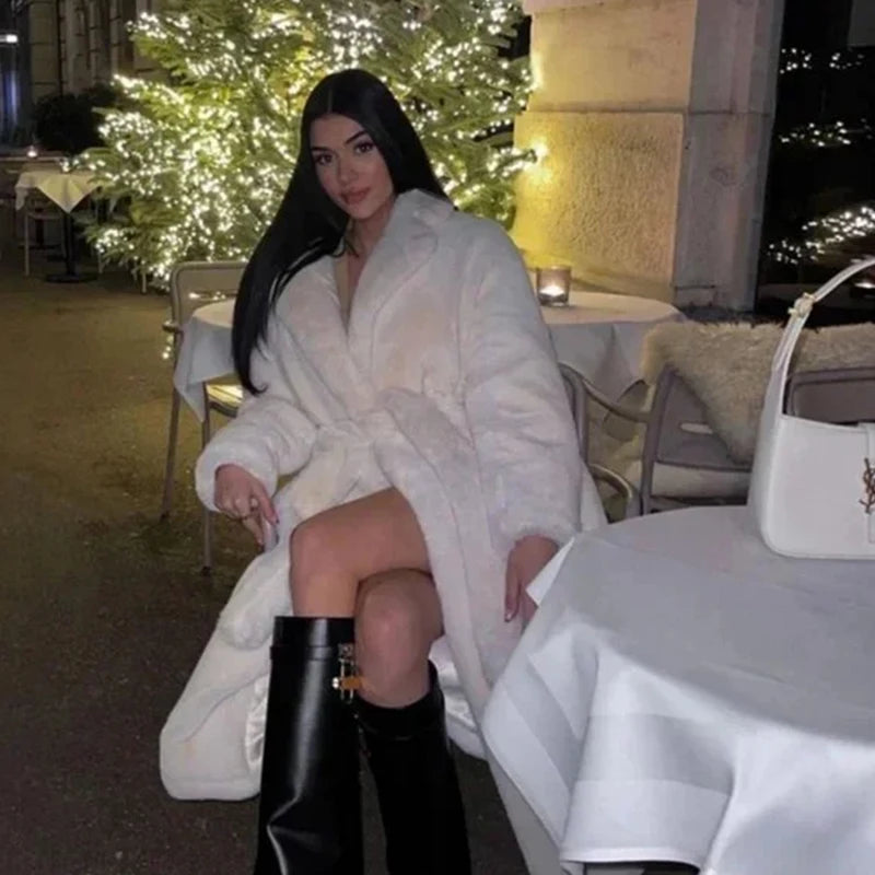 Winter Long Overcoats Oversized Lapel Belted Faux Rabbit Fur Coat Jacket Female Outerwear Plush Fur Coats