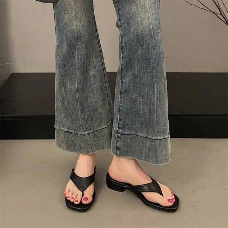 Summer Thin Low Heels Slippers Round Clip Toe Beach Sandals Flip Flops Shoes Zapatos De Mujer